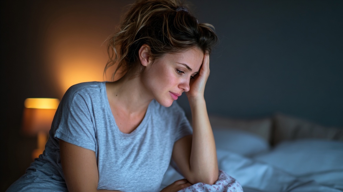 Žena sedi na krevetu i zamišljeno drži glavu u ruci