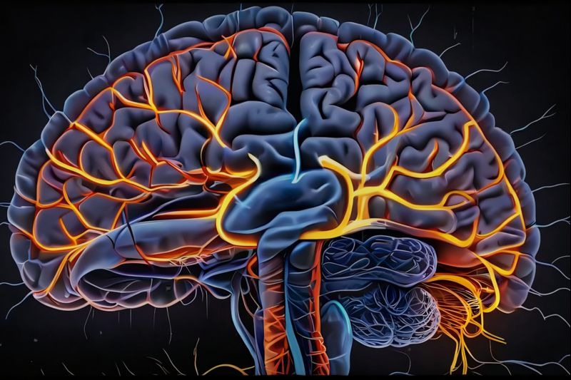 Ilustracija ljudskog mozga sa naglašenim energetskim i nervnim putevima