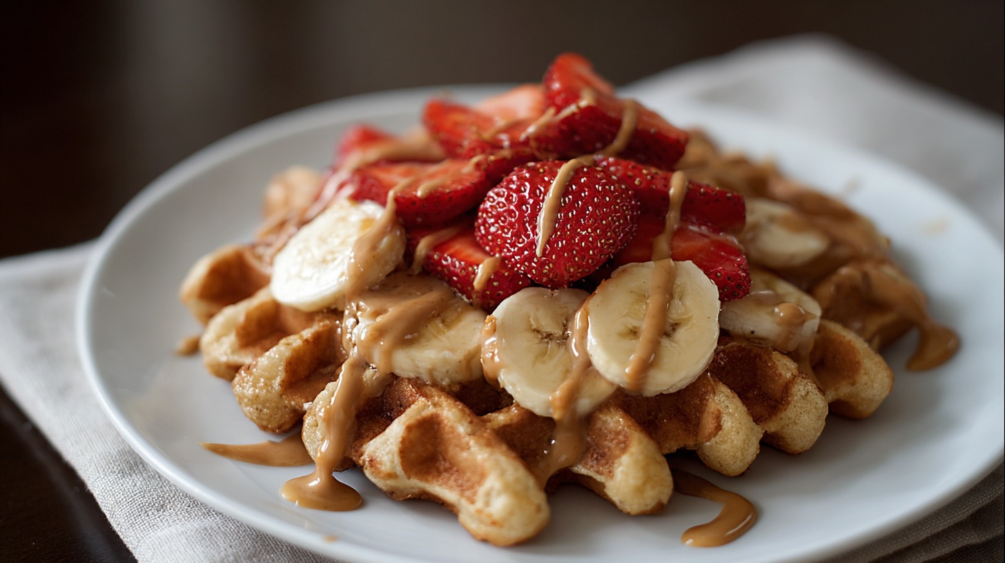 Golden waffle topped with sliced bananas, fresh strawberries, and peanut butter on a white plate