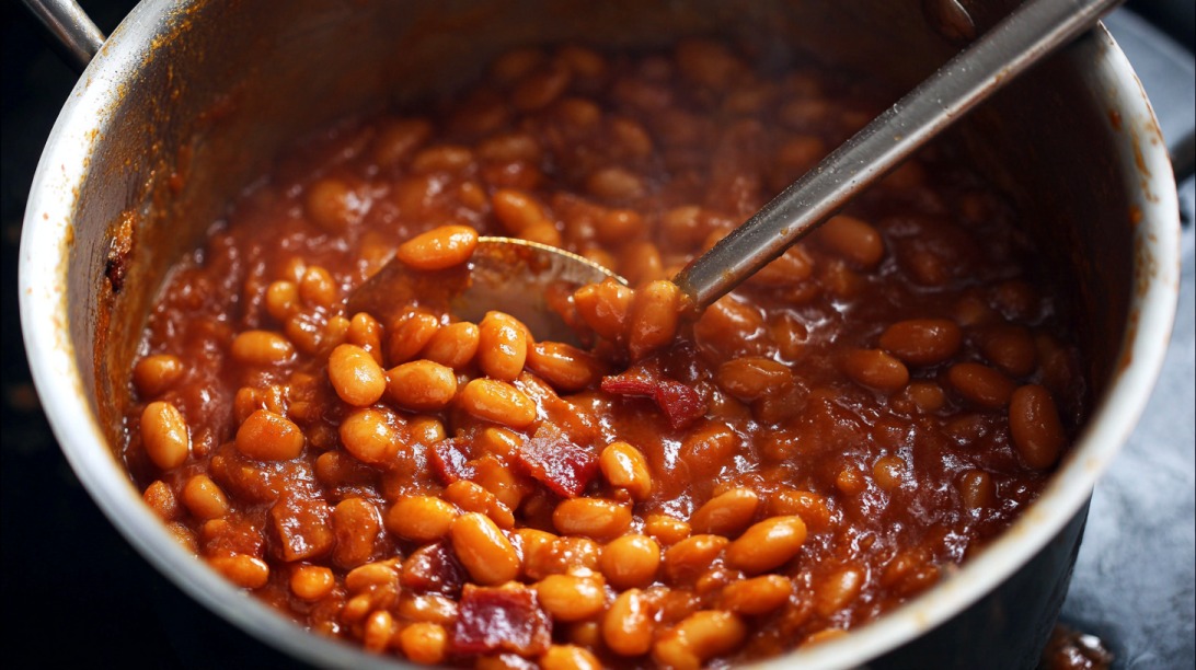 Pot of baked beans in thick reddish sauce with bacon pieces and a spoon stirring