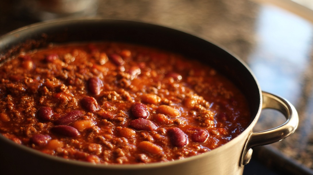 Pot of cowboy beans with ground beef and mixed beans in a rich tomato sauce