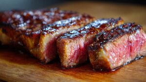 Juicy medium-rare Denver steak sliced on a wooden board with a caramelized crust