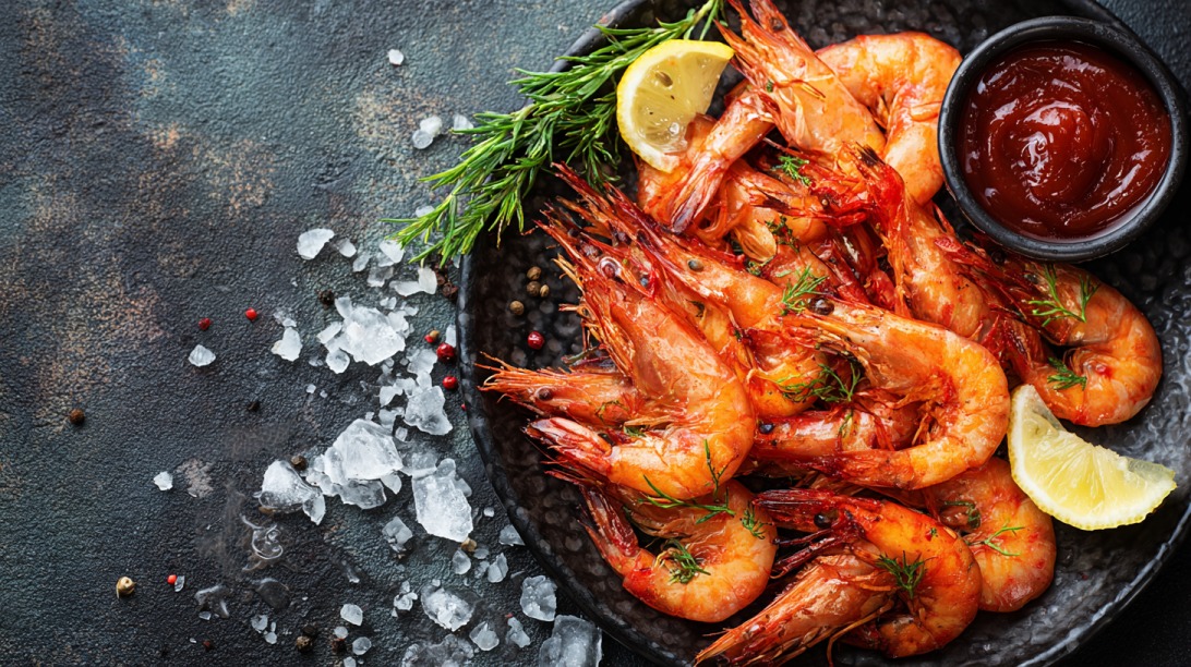 Top view of cooked whole shrimp garnished with rosemary and lemon slices, served with a small bowl of red sauce and scattered sea salt