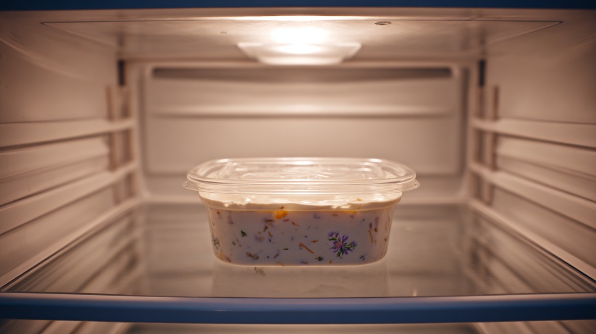 Plastic container of creamy ranch dressing sitting on a refrigerator shelf under interior light