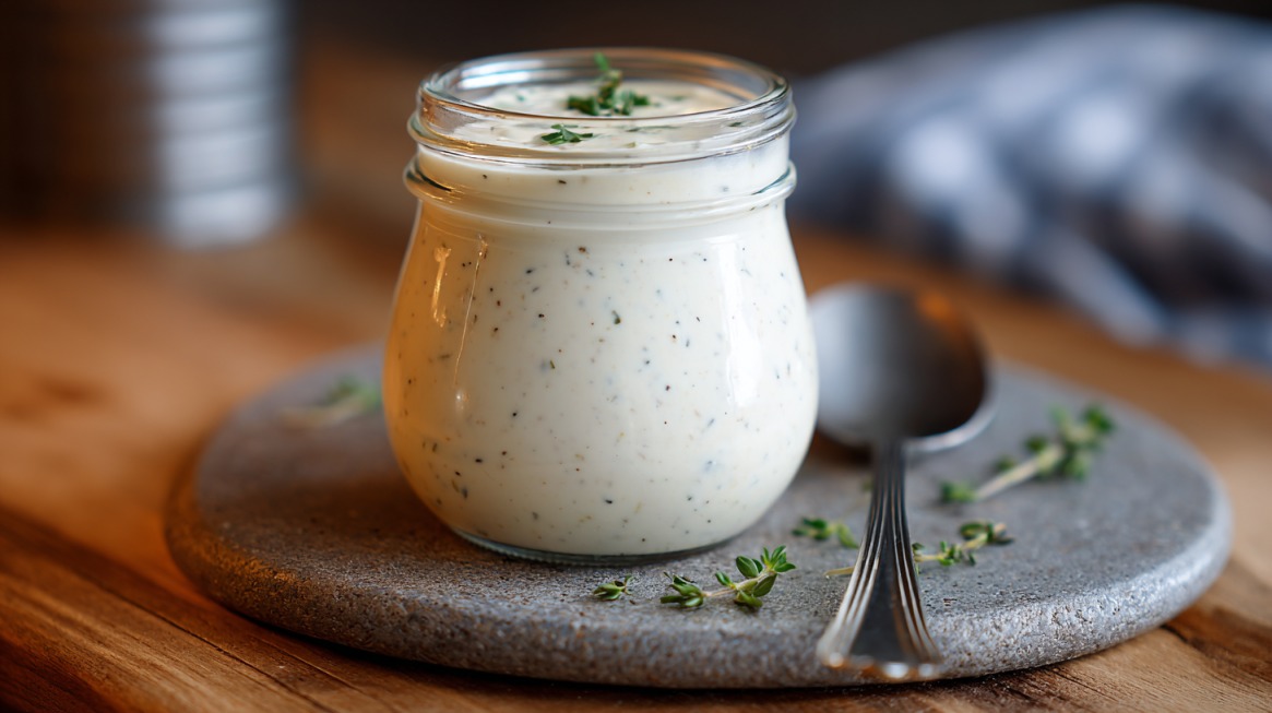 Glass jar filled with creamy ranch dressing sitting on a stone board with a spoon beside it