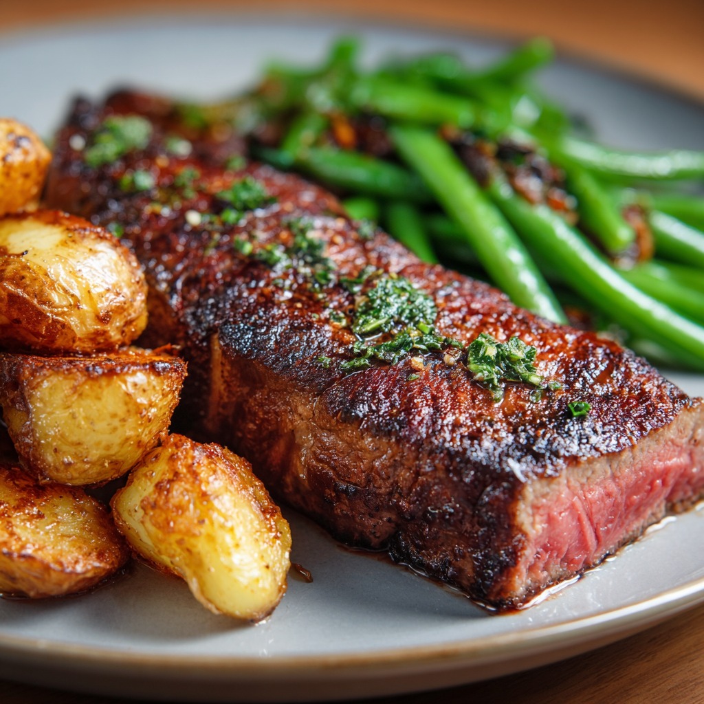 Medium rare Denver steak topped with herbs, served with roasted baby potatoes and sautéed green beans