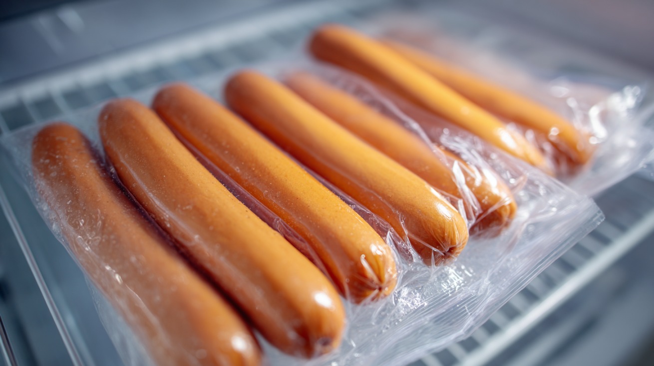 Hot dogs wrapped in plastic and placed on a freezer shelf