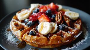Golden waffle topped with strawberries, blueberries, banana slices, pecans, powdered sugar, and syrup