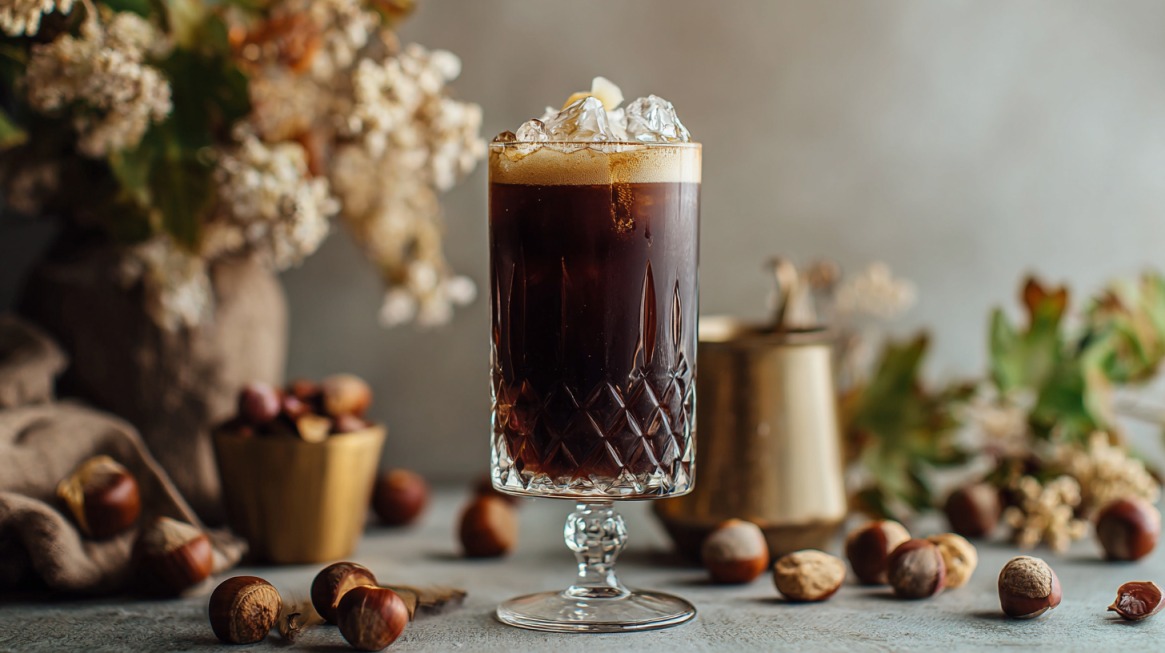 Tall glass of iced coffee or mocktail with ice cubes, surrounded by hazelnuts and decorative flowers on a table