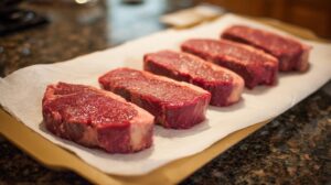 Raw Denver steaks resting on paper towels to remove surface moisture before cooking