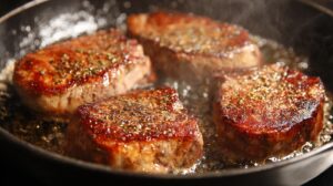 Seasoned Denver steaks sizzling in a hot cast-iron skillet with a browned crust forming