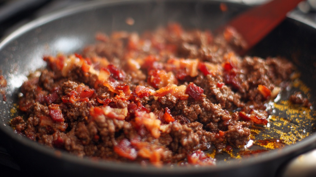 Ground beef and chopped bacon cooking in a skillet with visible browning and rendered fat