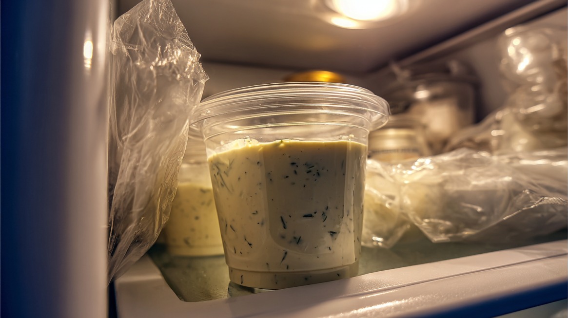 Plastic container of ranch dressing placed on a fridge shelf surrounded by covered food items
