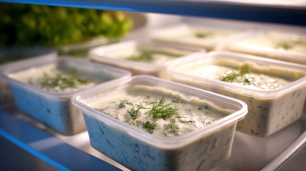Multiple plastic containers of ranch dressing arranged on a refrigerator shelf with fresh herbs on top