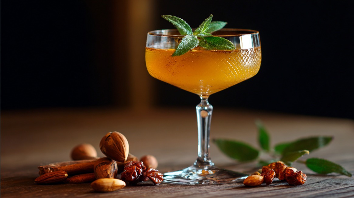 Coupe glass filled with an amber-colored liqueur garnished with fresh mint, surrounded by nuts and spices on a wooden table