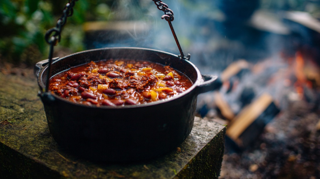 Black cast iron pot of beans hanging over a campfire outdoors