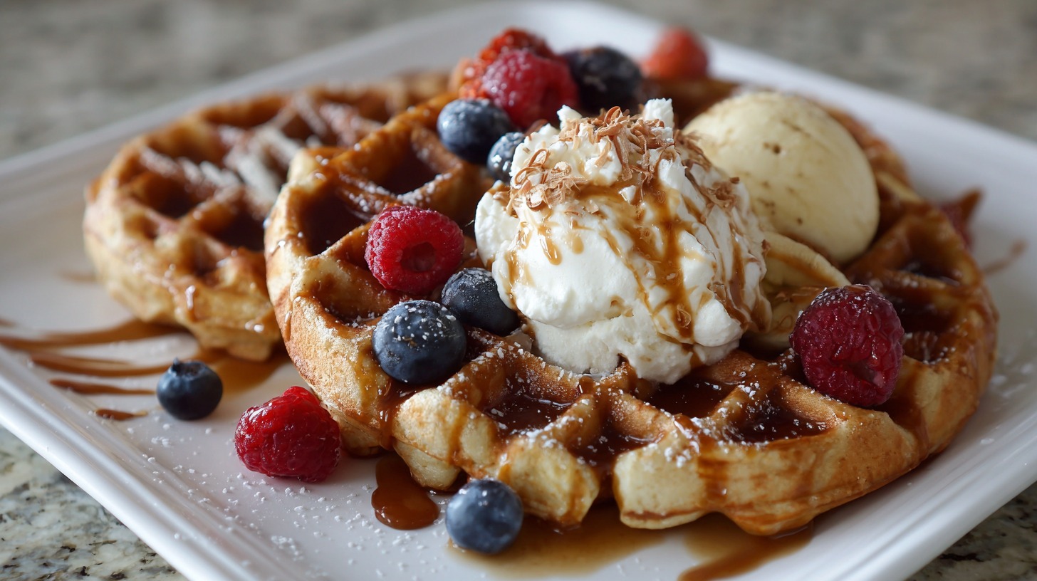 Golden waffles topped with vanilla ice cream, fresh raspberries, blueberries, and caramel sauce on a white plate