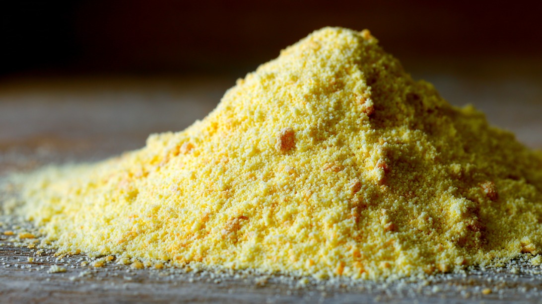 Close up of yellow cornmeal piled on a surface with small clumps visible throughout.