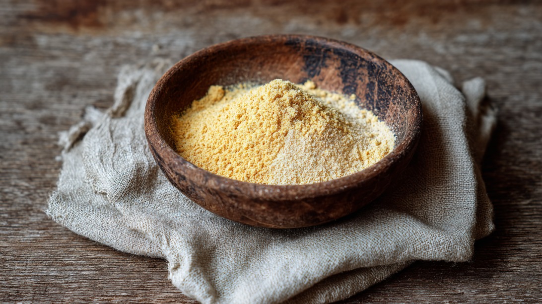 Wooden bowl filled with fine yellow cornmeal placed on a cloth over a wooden table