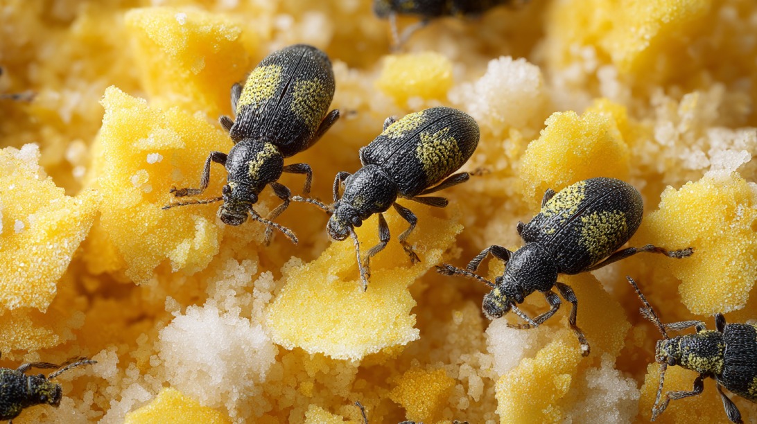 Close up of small black beetles crawling on yellow cornmeal granules