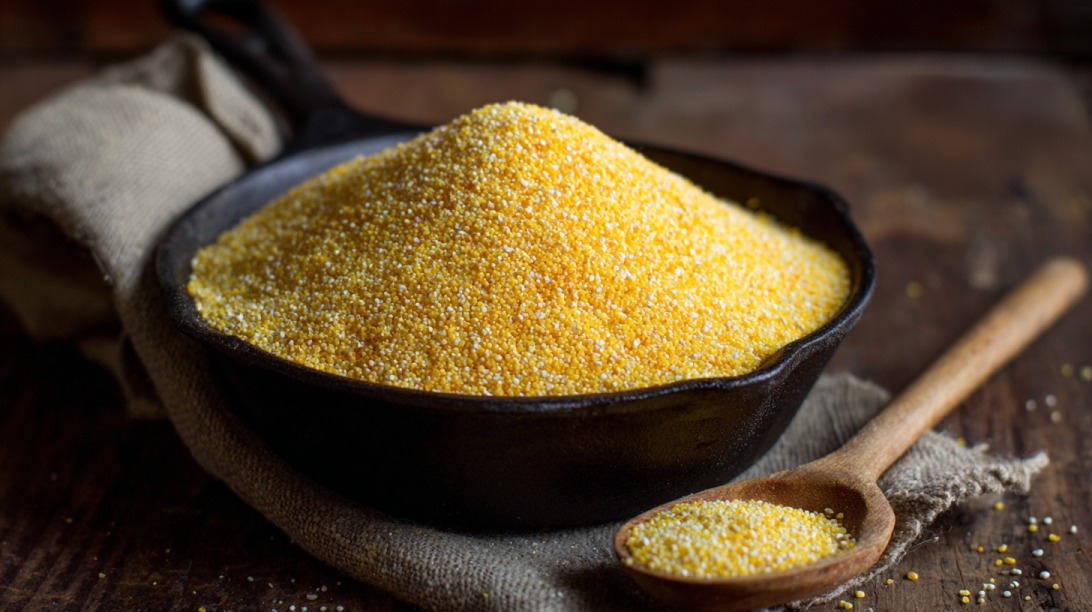 Cast iron bowl filled with yellow cornmeal with a wooden spoon beside it on a rustic table