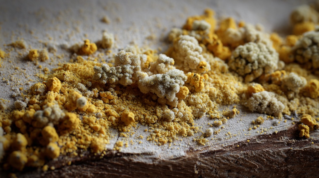 Close up of yellow cornmeal with visible clumps of white and green mold on a wooden surface