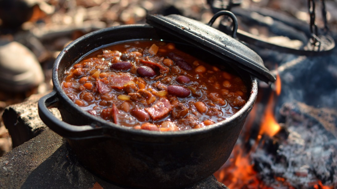 Cast iron pot of cowboy beans cooking over campfire coals outdoors