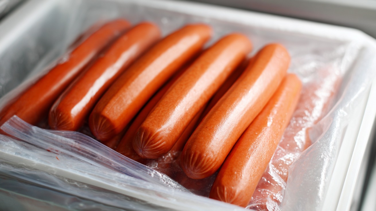 Frozen hot dogs sealed in a plastic bag inside a freezer drawer