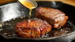 Denver steaks searing in a cast-iron skillet while melted butter is spooned over the top