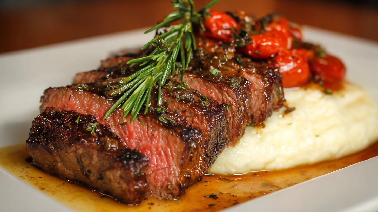 Sliced medium-rare Denver steak topped with rosemary, served over mashed potatoes with roasted cherry tomatoes