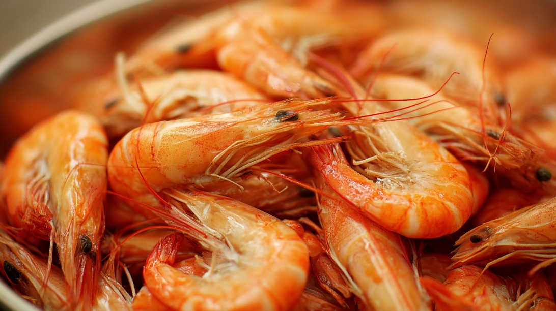 Close up of a bowl filled with orange cooked shrimp with shells and heads intact