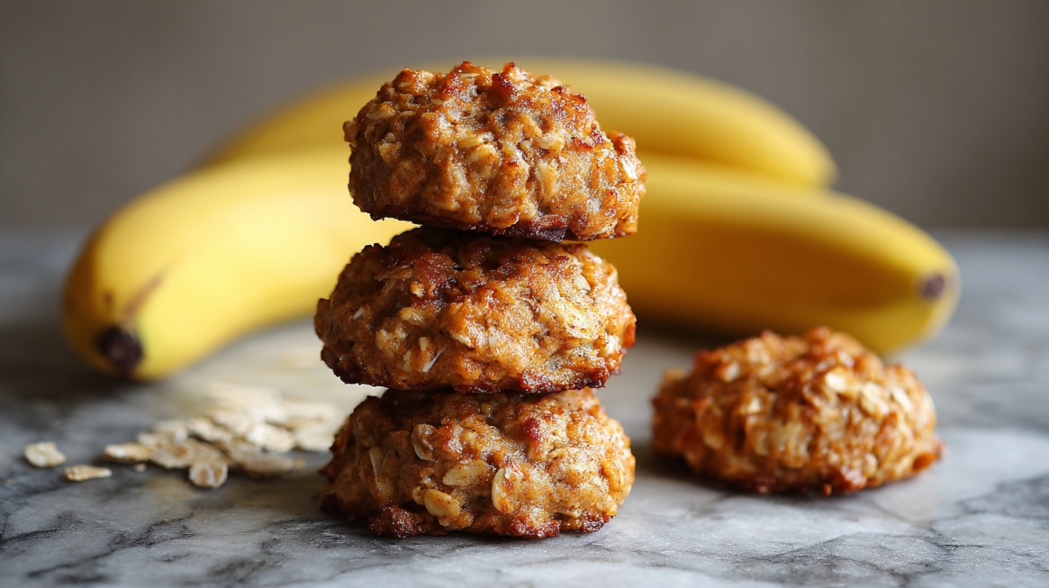 Stack of banana oat cookies with whole bananas in the background