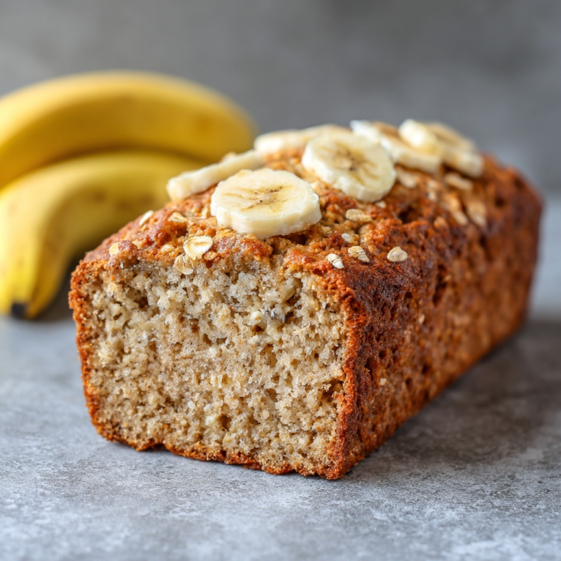 A loaf of banana oat bread topped with banana slices, with whole bananas in the background