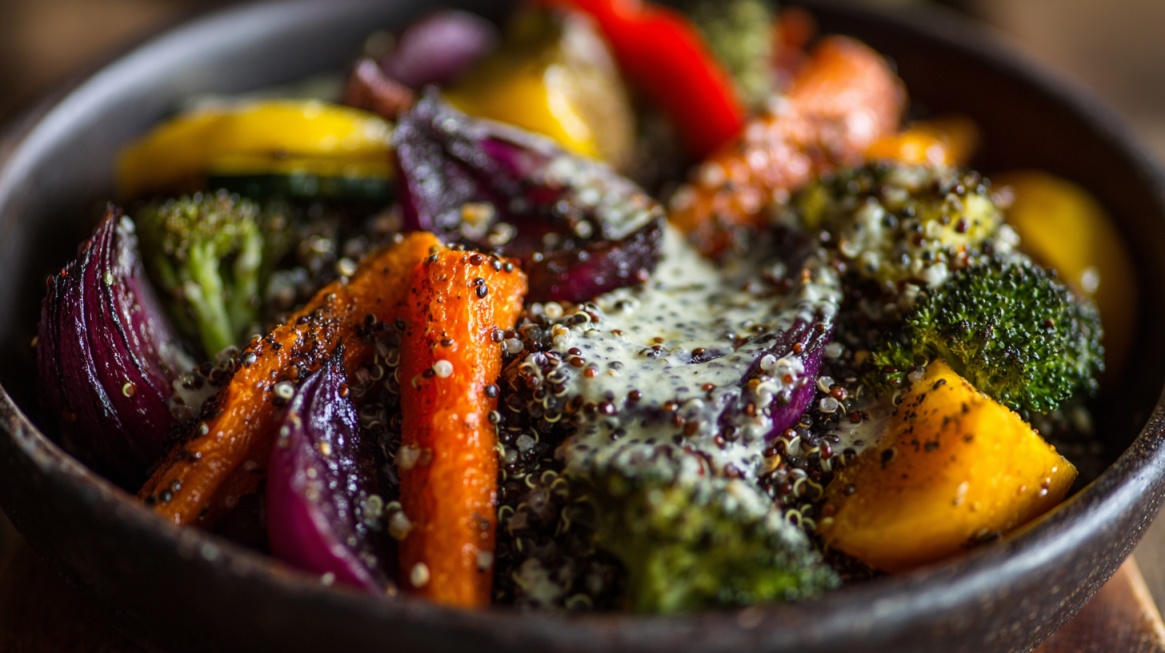 Bowl of roasted vegetables including broccoli, carrots, and onions with grains and chia seeds on top