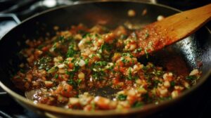 Garlic, herbs, and spices sautéing in a pan with a wooden spoon