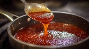 Thick red adobo sauce simmering in a saucepan with a spoon lifting the sauce