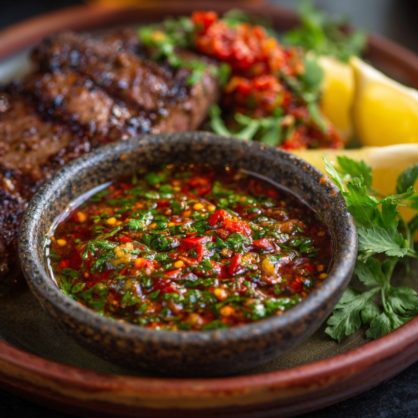 Bowl of red chimichurri sauce with grilled steak, lemon wedges, and fresh parsley