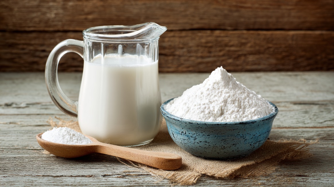 Pitcher of buttermilk next to a bowl of white powder and a spoon of baking soda on a rustic table