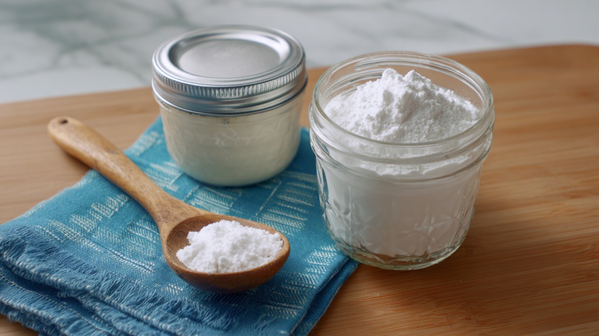 Glass jars of baking soda and cream of tartar with a wooden spoon on a kitchen counter