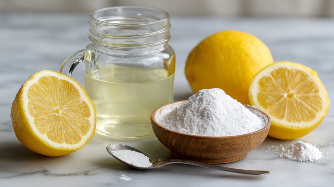 Fresh lemons, a jar of lemon juice, and a bowl of baking soda on a kitchen counter