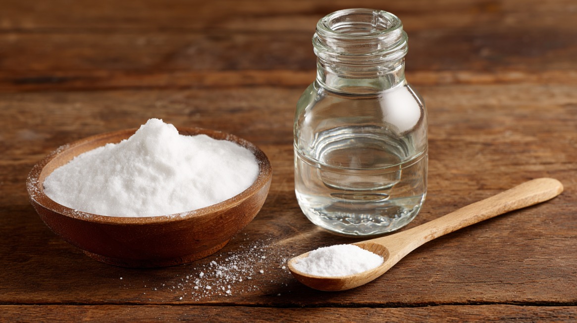 Bowl of baking soda, a bottle of vinegar, and a wooden spoon on a wooden table