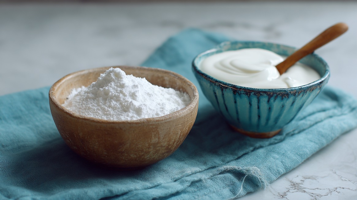 Bowls of baking soda and yogurt placed on a cloth with a wooden spoon