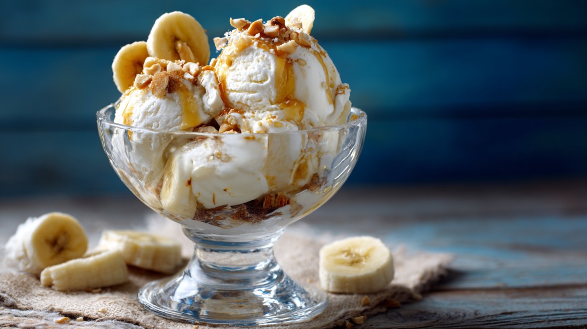 A bowl of banana ice cream topped with banana slices, nuts, and caramel drizzle