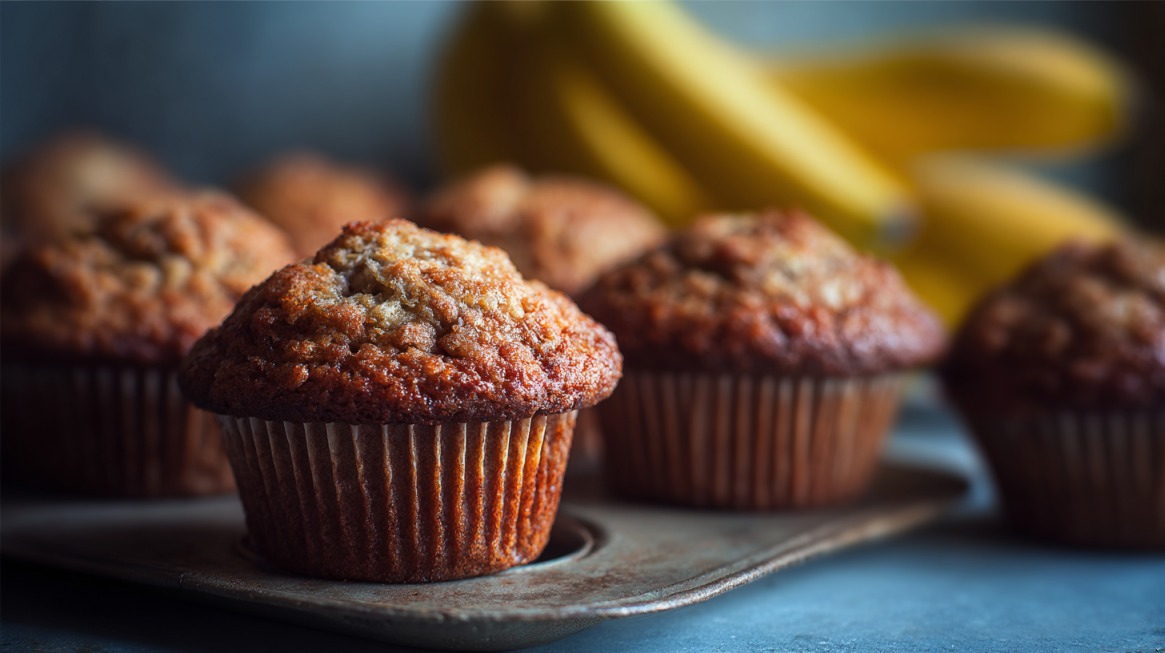 Freshly baked banana muffins in a tray with ripe bananas in the background