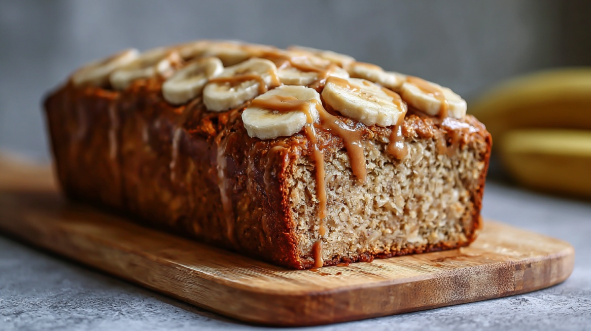 Banana oat bread loaf topped with sliced bananas and a caramel drizzle on a wooden board