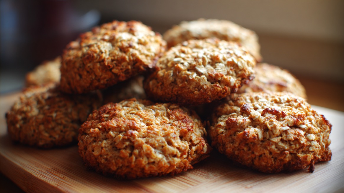 Homemade banana oat cookies stacked on a wooden surface