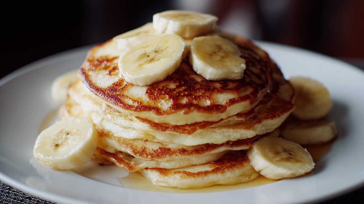 A stack of pancakes topped with banana slices and drizzled with syrup on a plate