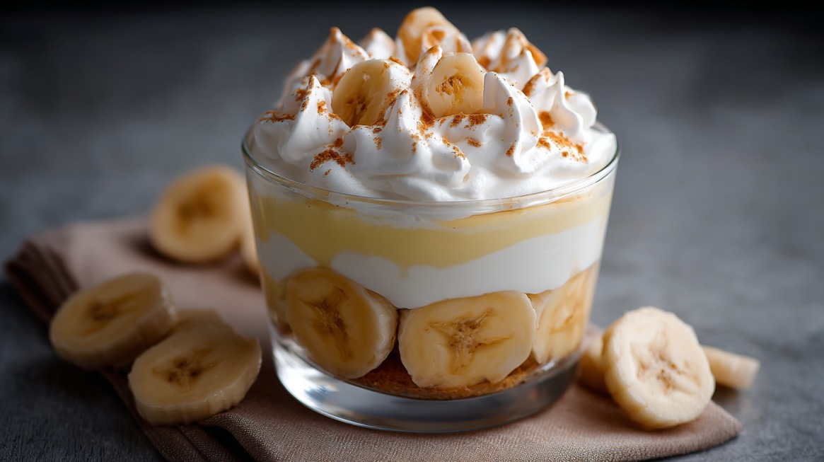 A glass dessert layered with banana slices, pudding, and whipped cream, topped with cinnamon