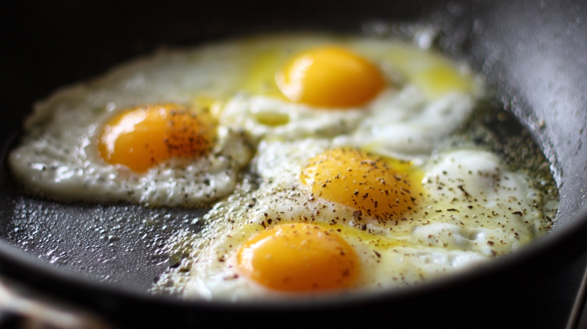 Fried eggs cooking in a pan with pepper seasoning