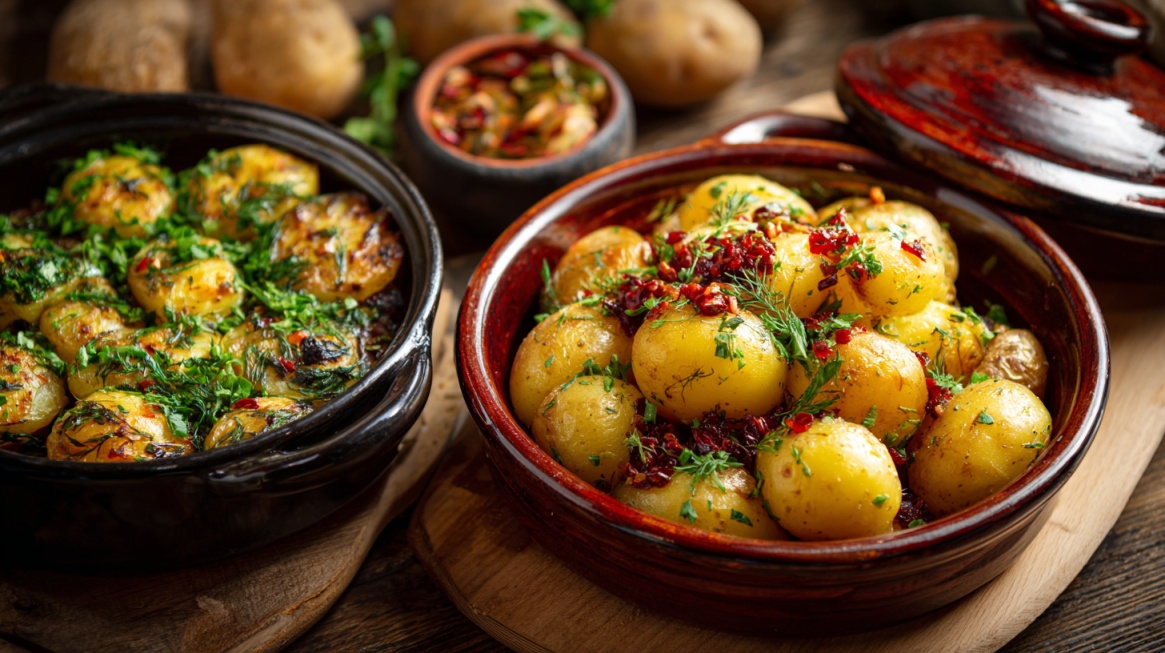 Bowls of seasoned roasted baby potatoes topped with herbs and spices